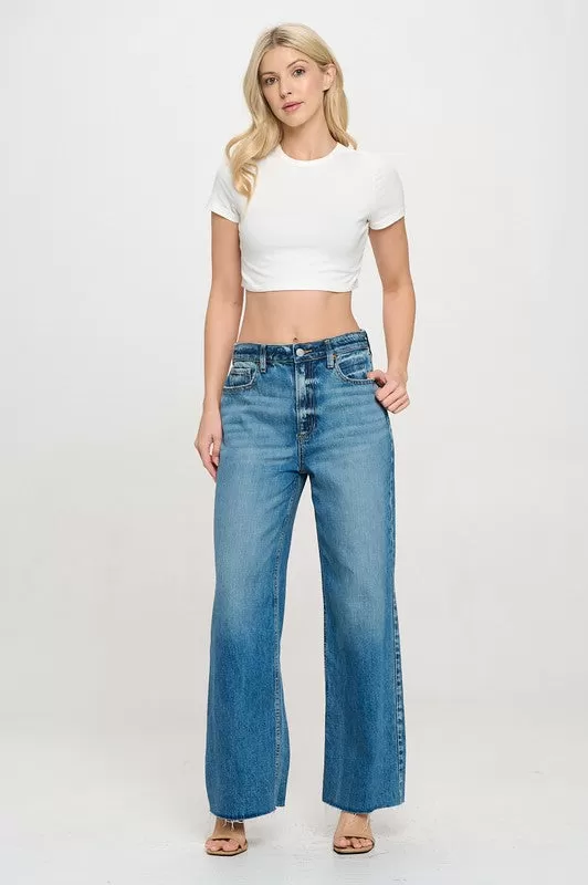 Blaire Mid Rise Raw Hem Wide Leg Jeans Medium Wash