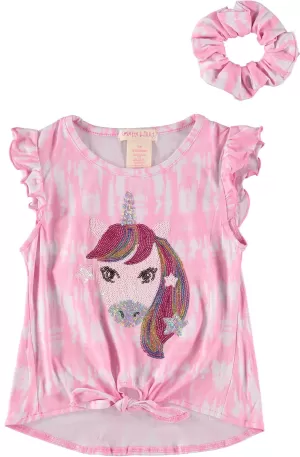 Colette Lilly Girls 2T-4T Unicorn Sequin Front Tie Knot Top with Hair Scrunchie