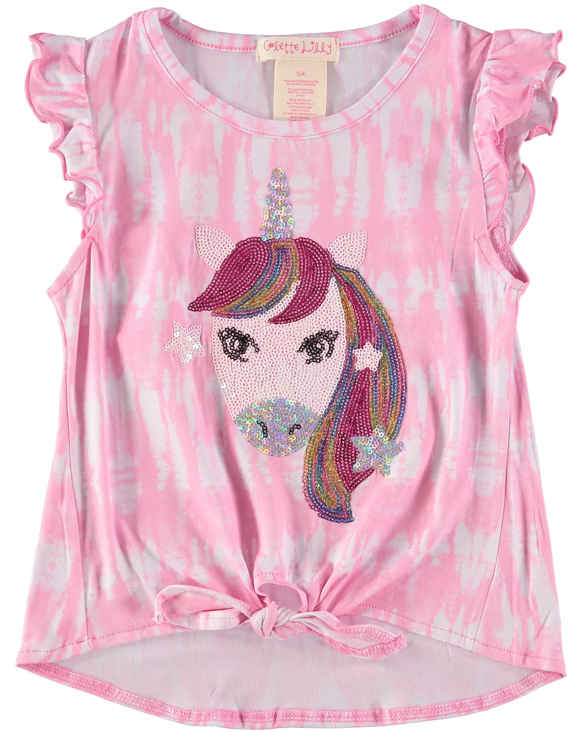 Colette Lilly Girls 2T-4T Unicorn Sequin Front Tie Knot Top with Hair Scrunchie