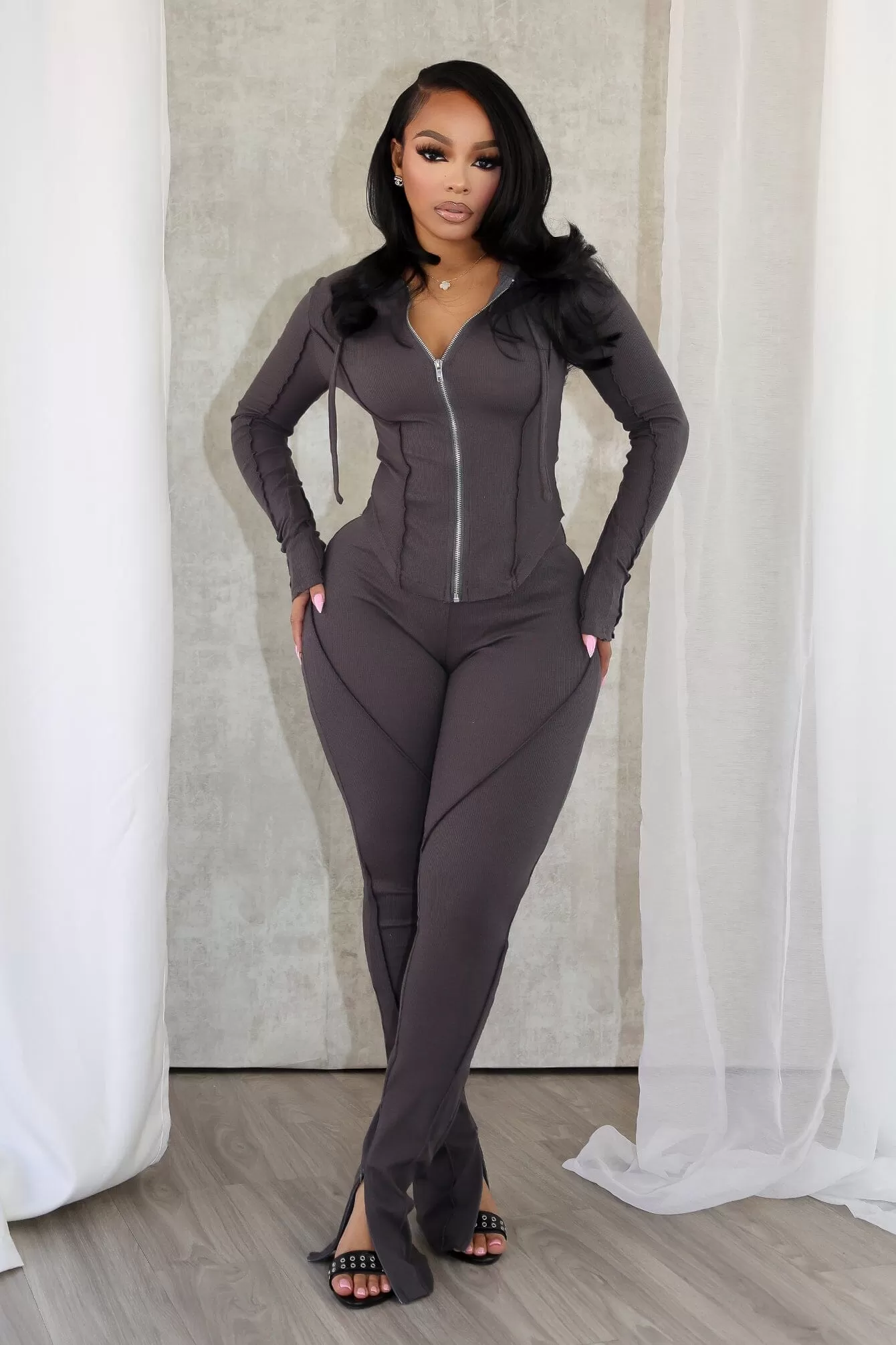 Makenna Ribbed Zip Up Hoodie & Pants SET