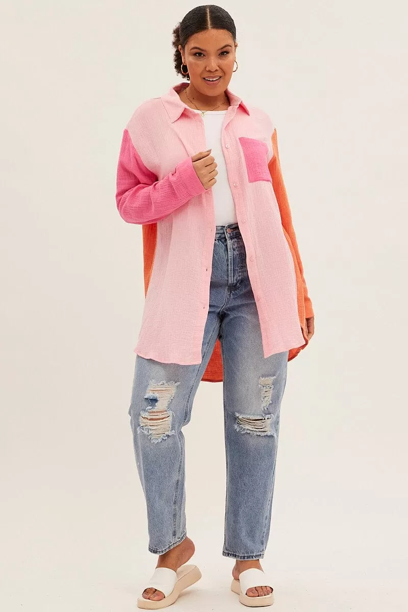 Multi Relaxed Shirts Long Sleeve Colour Block Longline