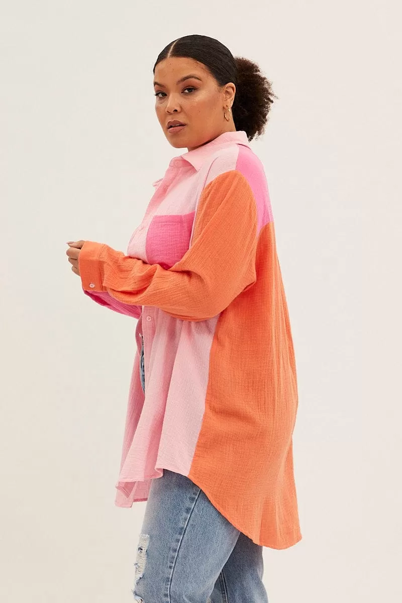 Multi Relaxed Shirts Long Sleeve Colour Block Longline