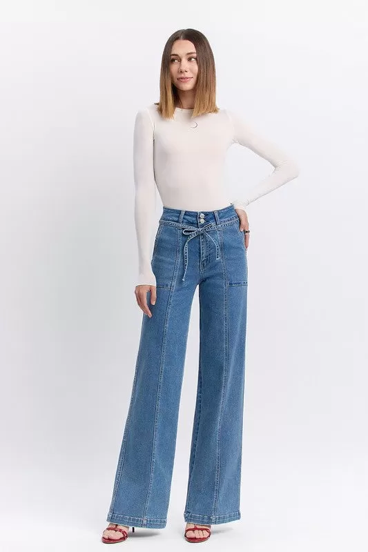 Norah High Rise Waist Tie Wide Leg Jeans Medium Wash