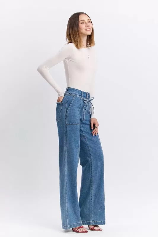 Norah High Rise Waist Tie Wide Leg Jeans Medium Wash