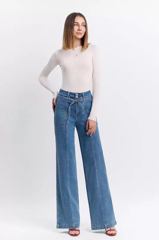 Norah High Rise Waist Tie Wide Leg Jeans Medium Wash