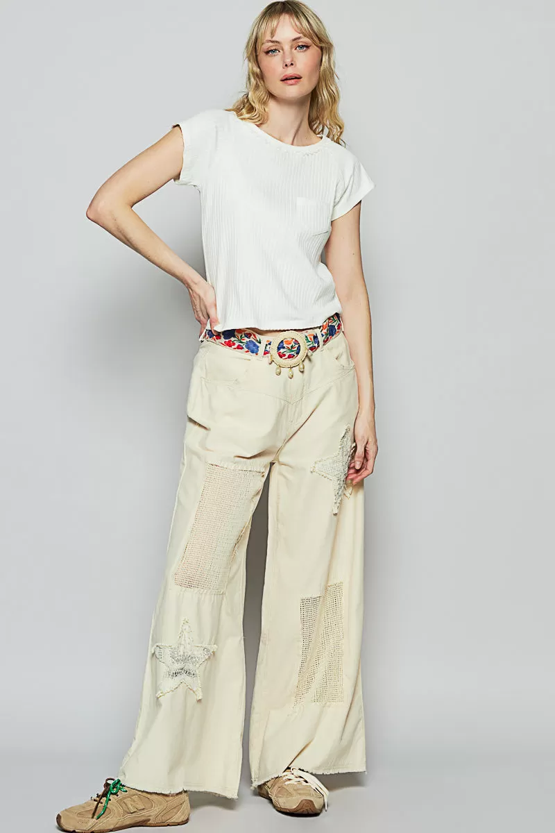 POL Women's Oatmeal Denim and Twill Wide Leg Pant