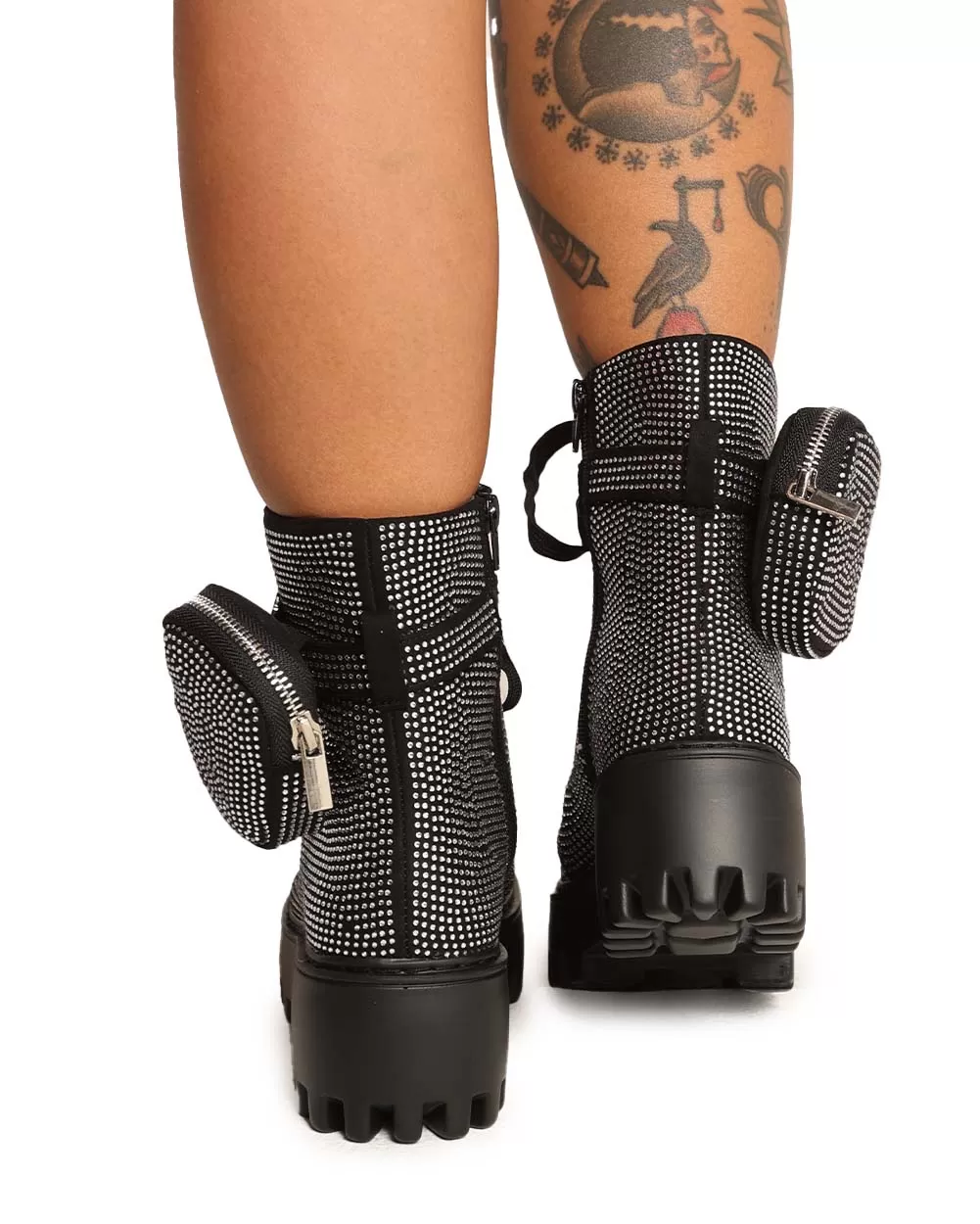 Post Apocalypse Black Rhinestone Platform Boots with Pouch