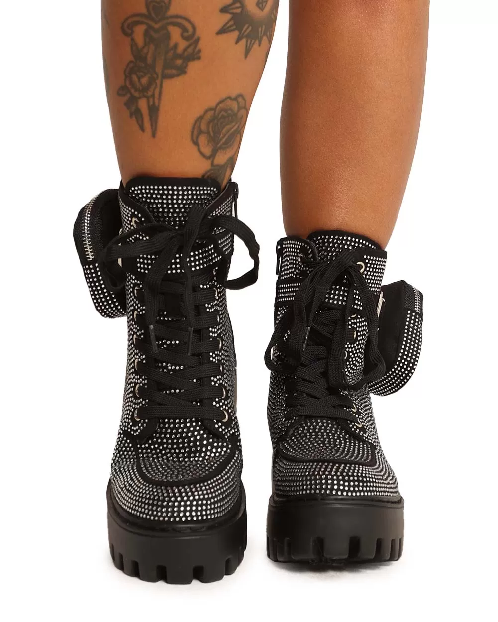 Post Apocalypse Black Rhinestone Platform Boots with Pouch