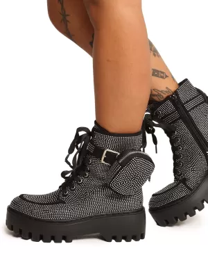 Post Apocalypse Black Rhinestone Platform Boots with Pouch