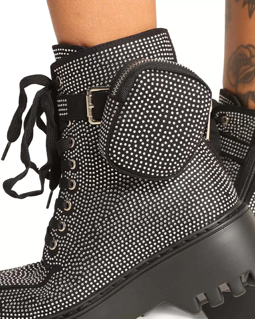 Post Apocalypse Black Rhinestone Platform Boots with Pouch