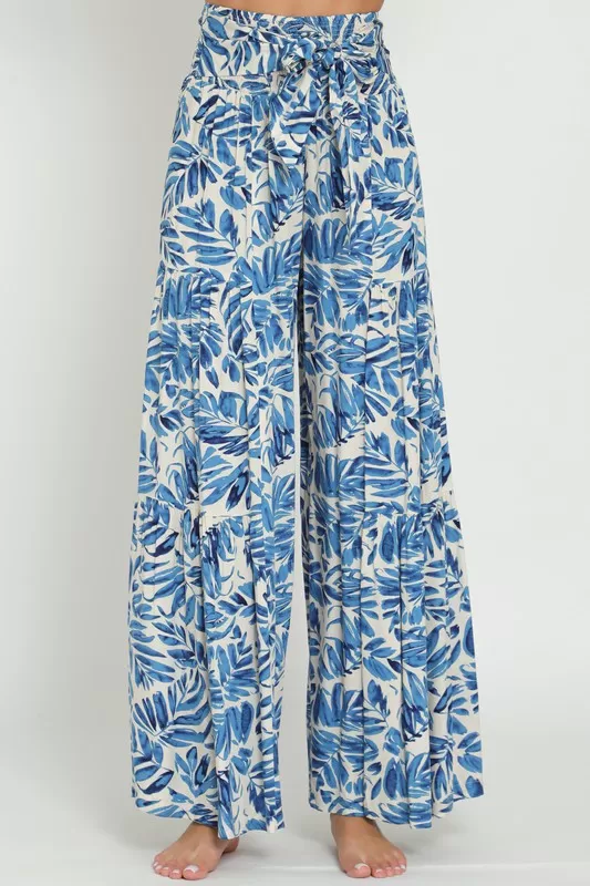 Waitlist 2/15 ♥ Jeanette High Waist Tie Tropical Print Wide Leg Pants Blue