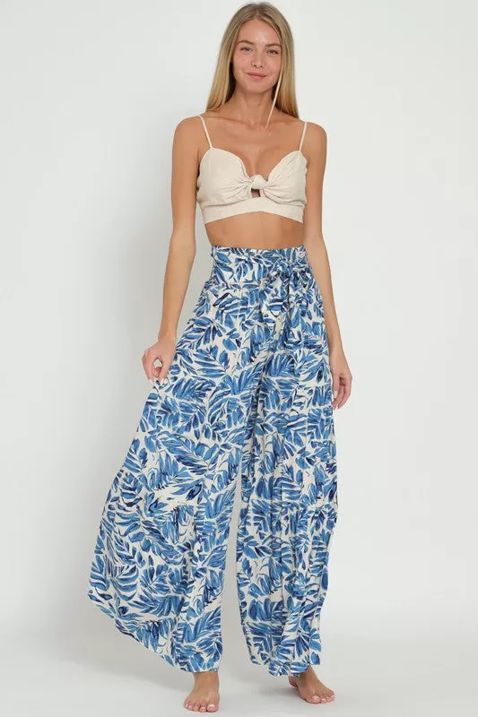 Waitlist 2/15 ♥ Jeanette High Waist Tie Tropical Print Wide Leg Pants Blue