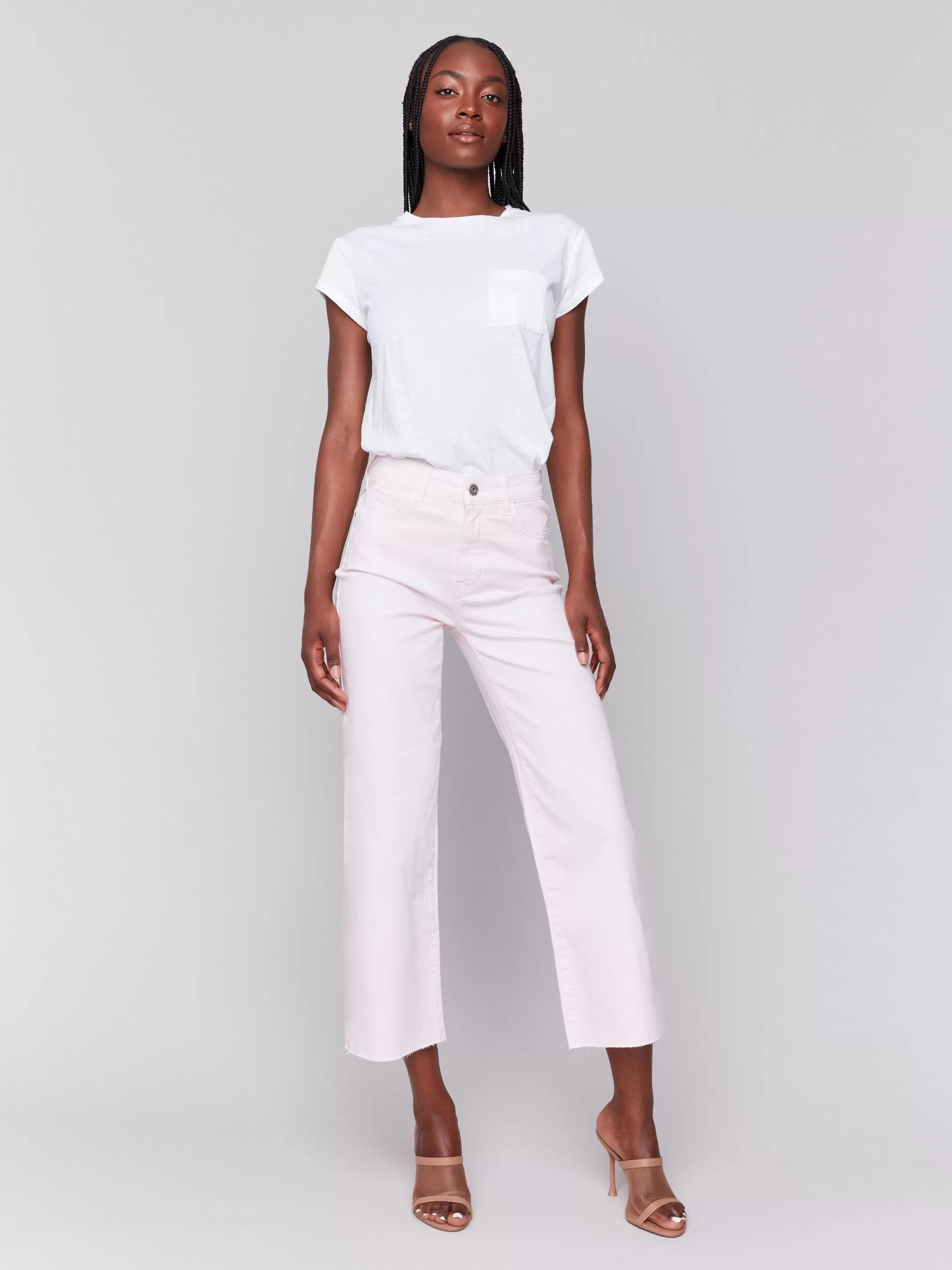 Wide Leg Twill Pants With Raw Edge - Petal